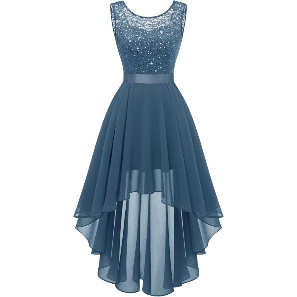 BeryLove Women Grey Blue Chiffon Scoop Neck Sleeveless Lace Cocktail Dress
